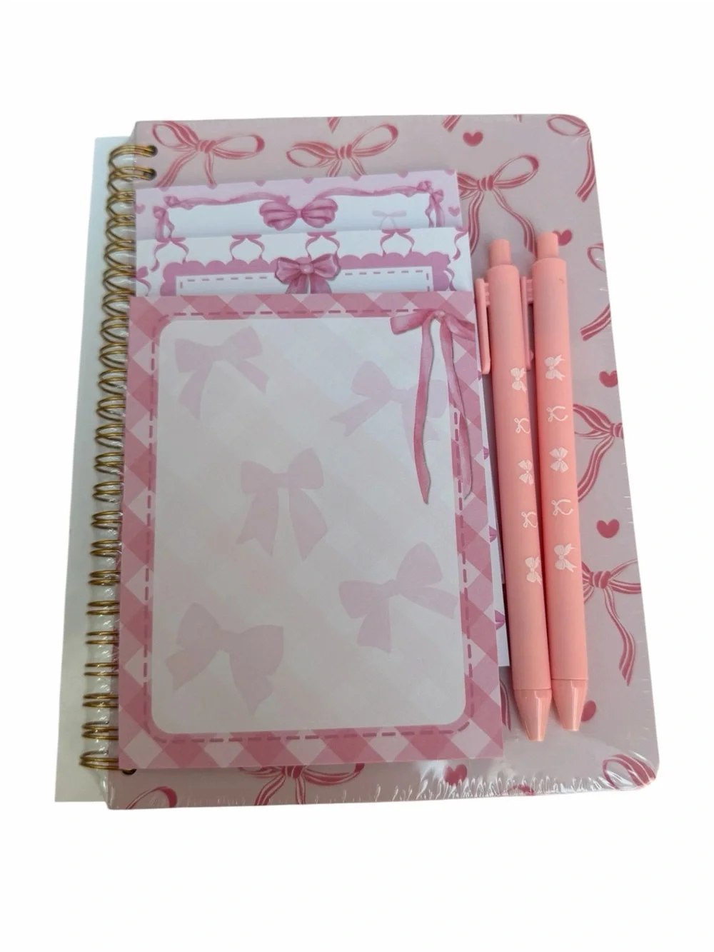 Pink Bow Spiral Notebook, 3-Piece Notepad Set with Matching Pens New